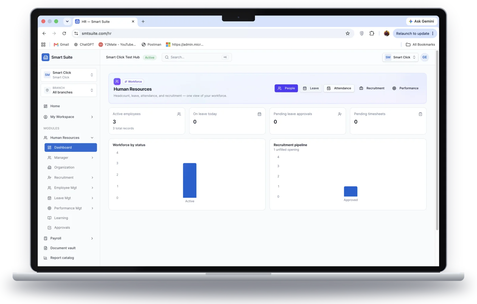 Smart Suite Human Resources dashboard on a laptop: active employees, leave, timesheets, workforce by status and recruitment pipeline